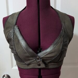 Olive Green Leather-Trim Crop Vest